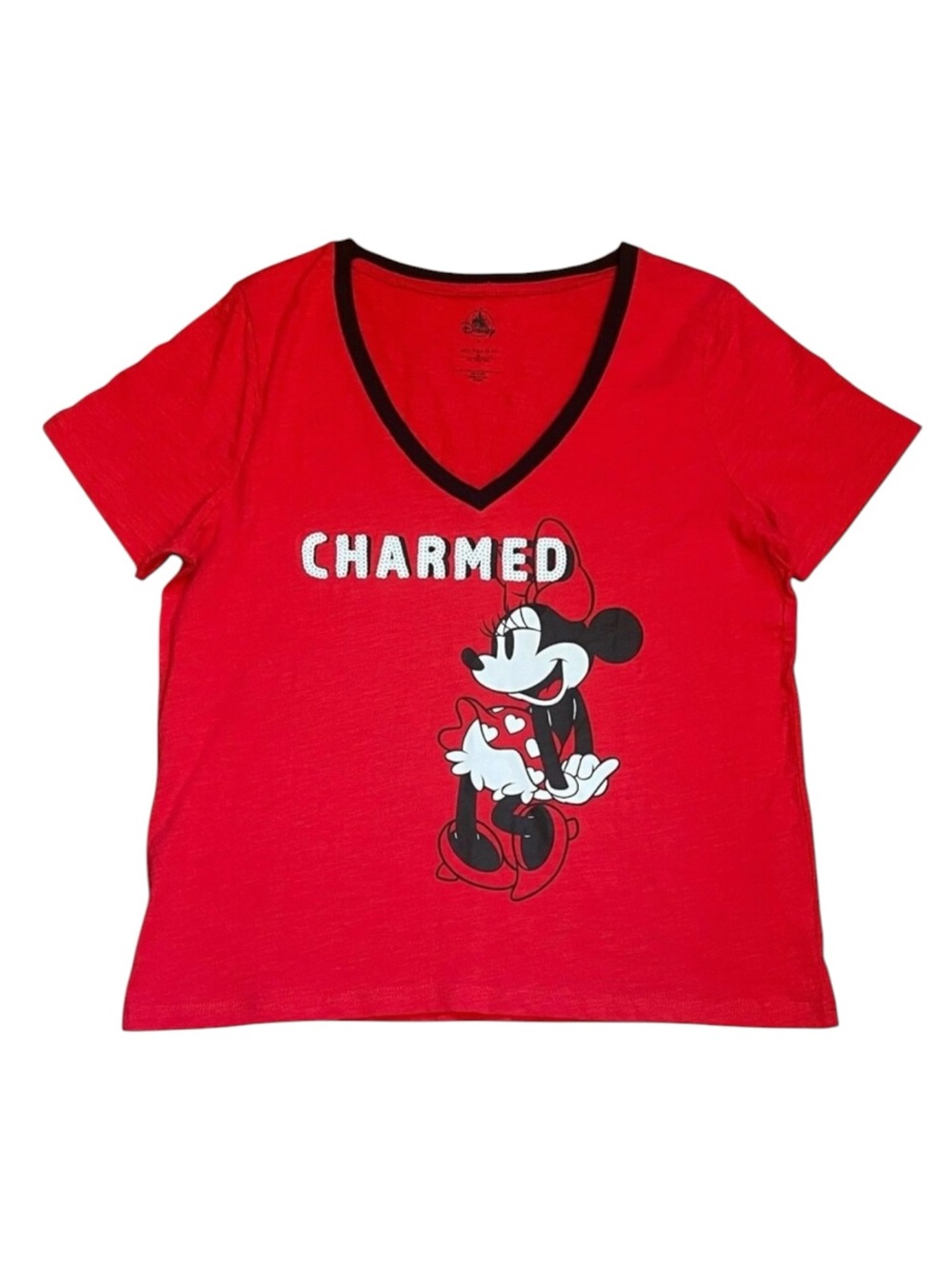 DISNEY STORE Red "Charmed" Minnie Mouse V-Neck Tee Shirt Top Sequins Medium NWT
